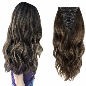 22” 7 PCS Dark Brown Highlight Clip-In Hair Extensions 100% Human Hair